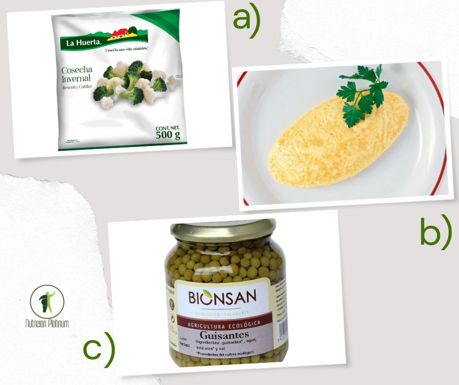 Brocoli y coliflor con tortilla francesa y guisantes.